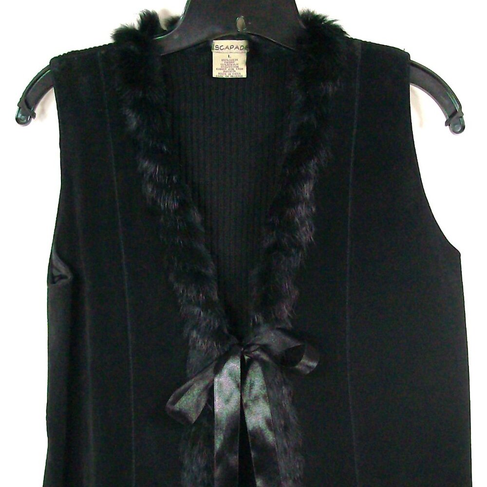 Escapade Suede Vest with Rabbit fur trim  Black with Satin Tie Large